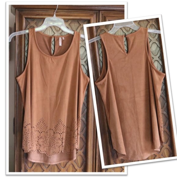 Red Camel Sleeveless Faux Suede Laser Cut Out Scalloped Hem Top - M - Picture 11 of 12